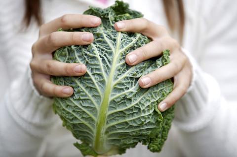 woman holding cabbage